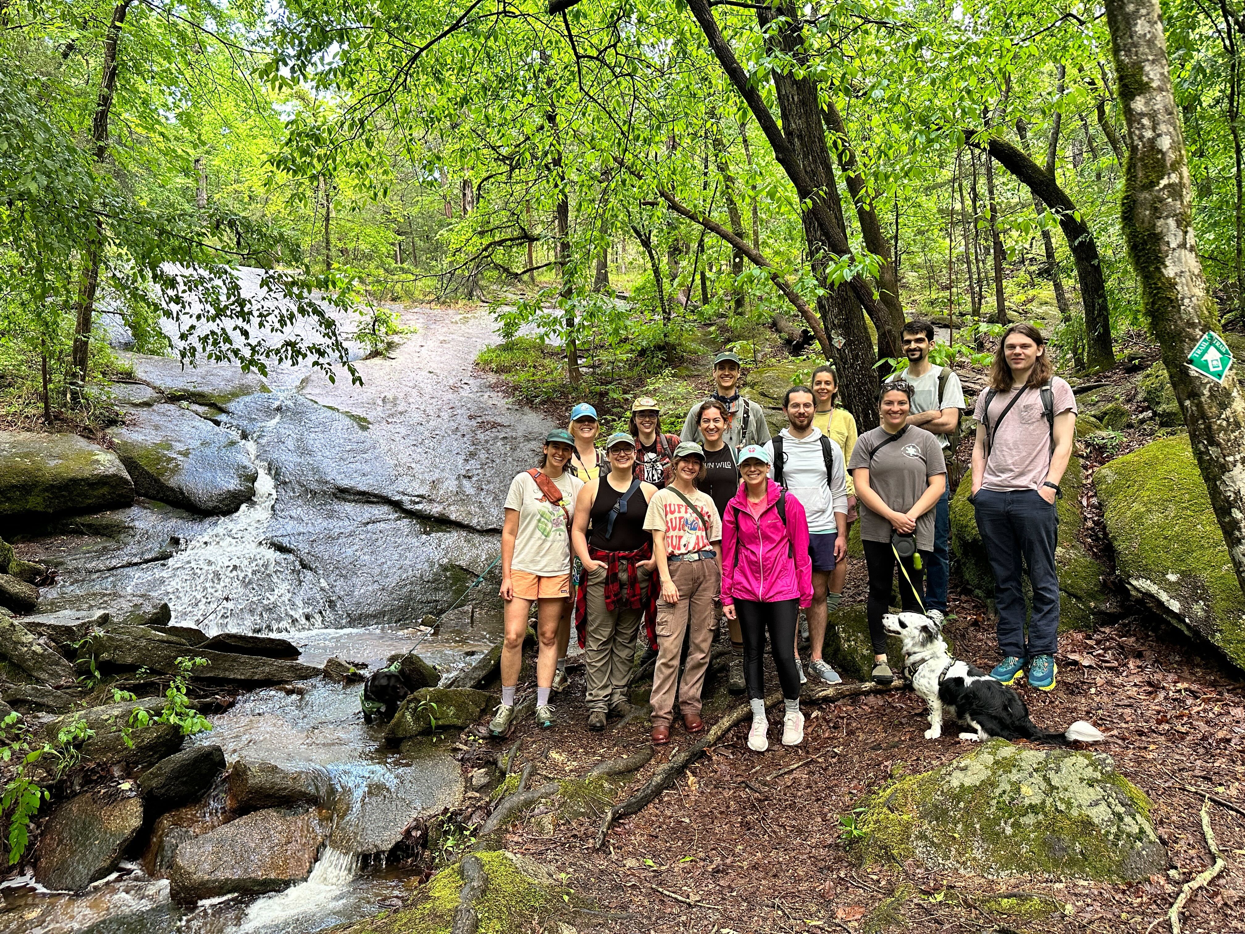 BSA student chapter members near a waterfall during the hike at 40 Acre Rock (Kershaw, SC).