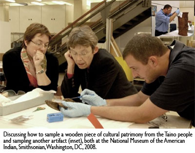 Dr. Alex C. Wiedenhoeft, Discussing how to sample a wooden piece of cultural patrimony from the Taino people and sampling another artifact (inset), both at the National Museum of the American Indian, Smithsonian, Washington, DC, 2008.